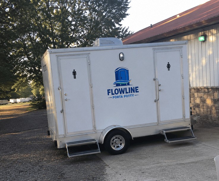 Two stall restroom trailer parked and levelled ready for use